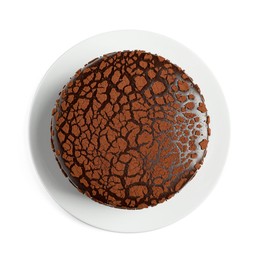 Delicious chocolate truffle cake isolated on white, top view