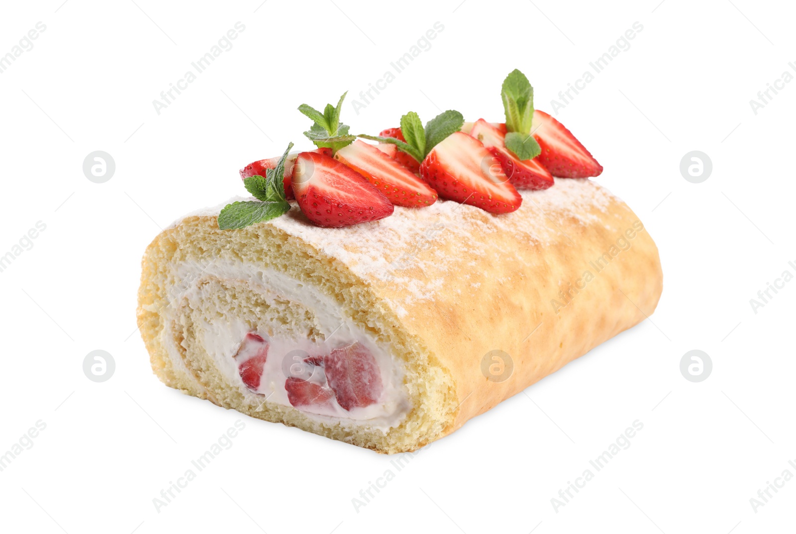 Photo of Delicious cake roll with strawberries and cream isolated on white