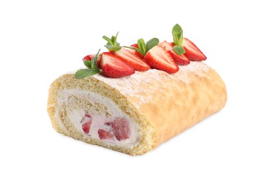 Photo of Delicious cake roll with strawberries and cream isolated on white