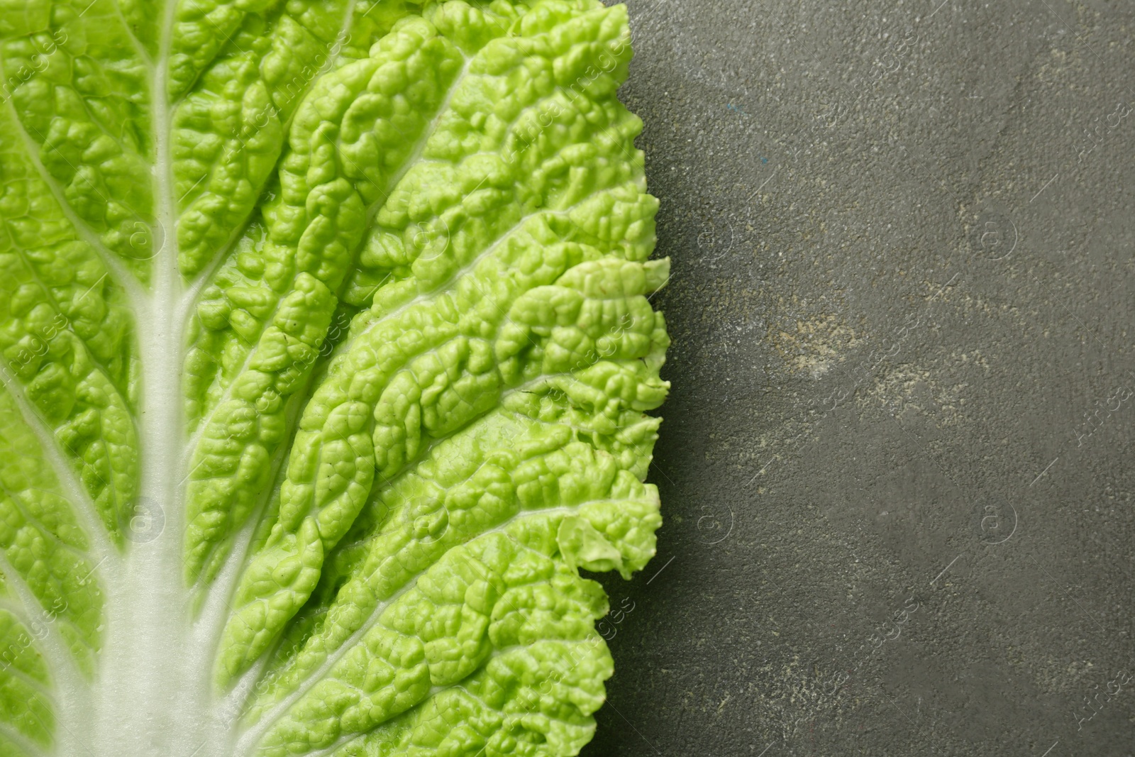 Photo of Fresh Chinese cabbage leaf on gray textured table, top view. Space for text