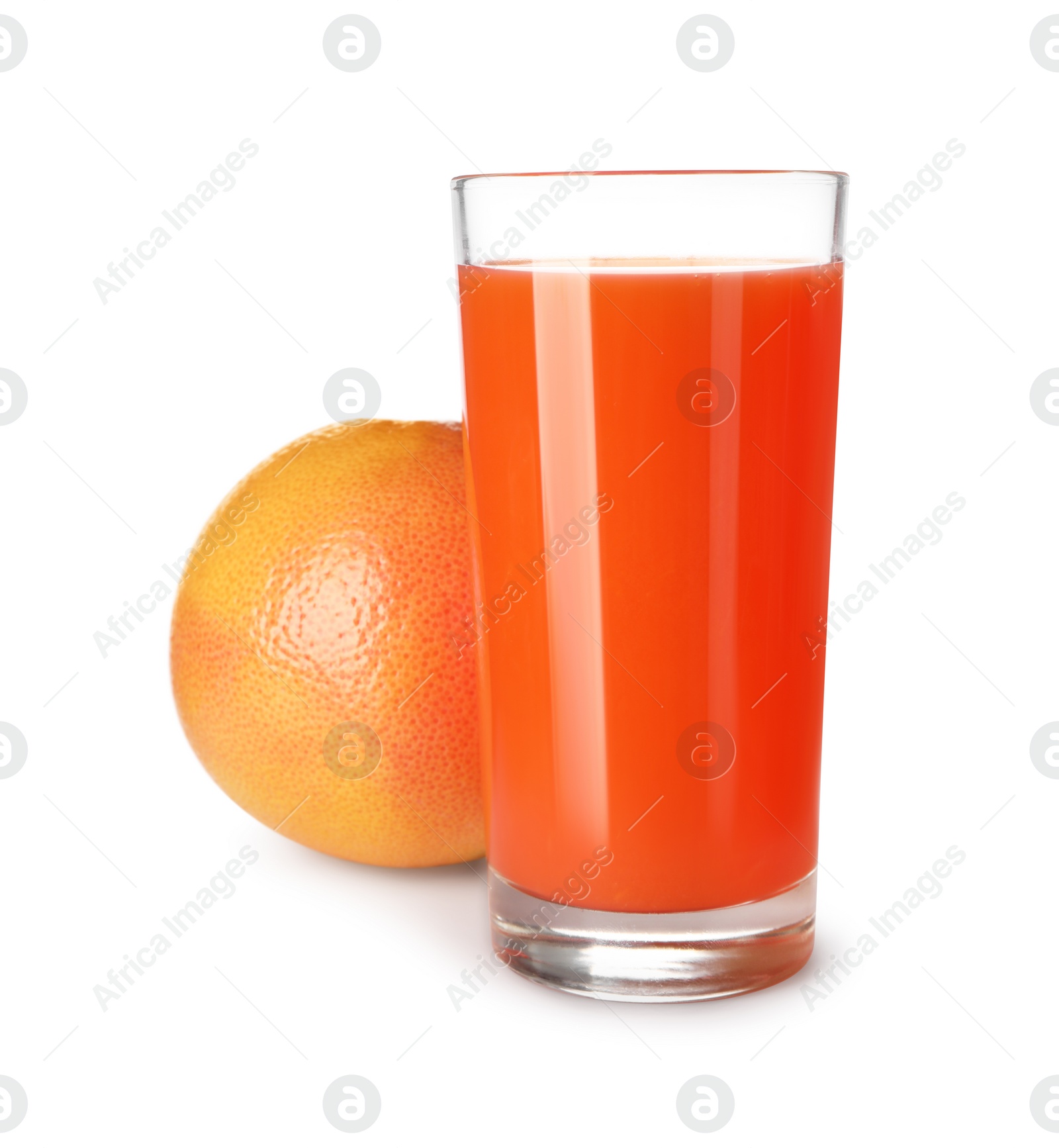 Photo of Tasty grapefruit juice in glass and fresh fruit isolated on white
