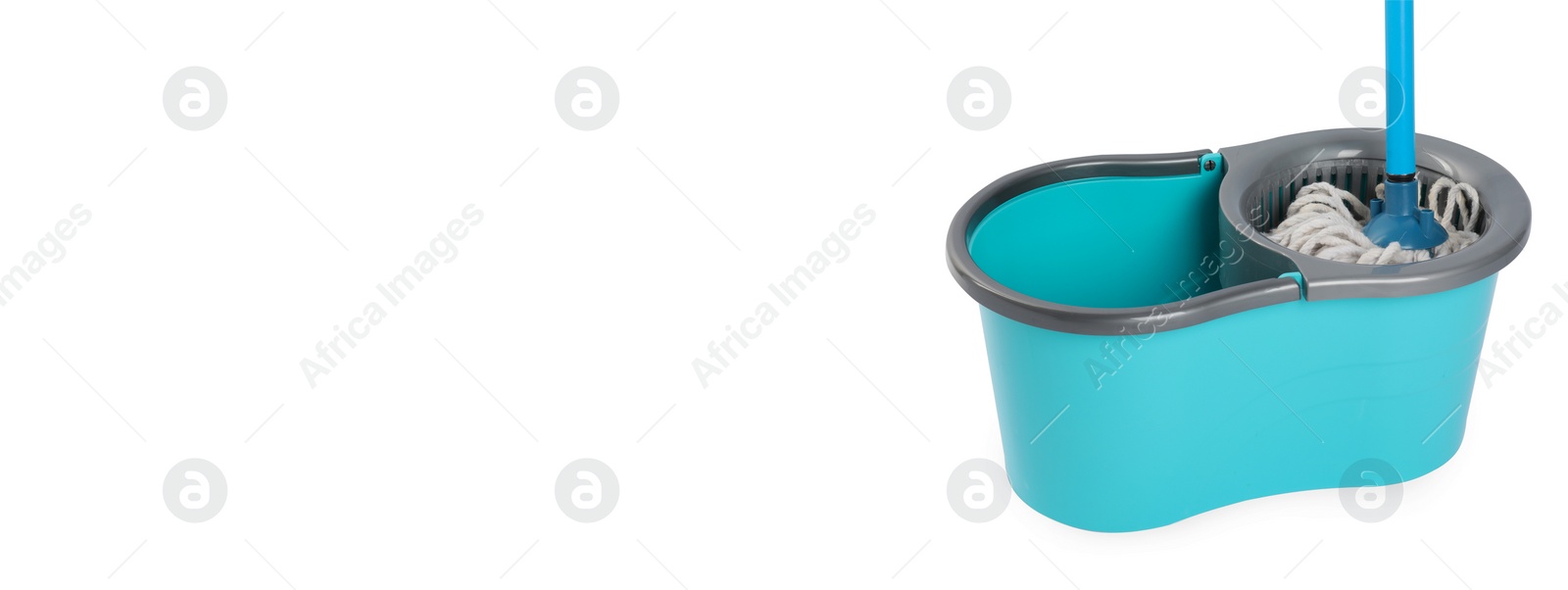 Image of String mop in light blue bucket on white background. Banner design with space for text