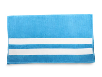 Photo of Blue towel isolated on white, top view. Beach object