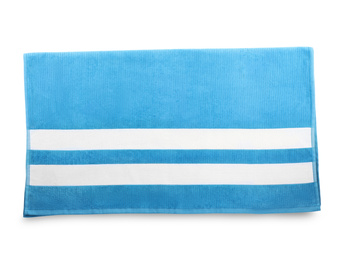 Blue towel isolated on white, top view. Beach object