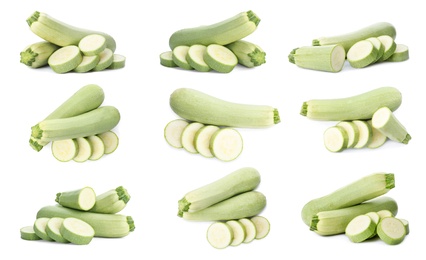 Set of cut and whole squashes on white background