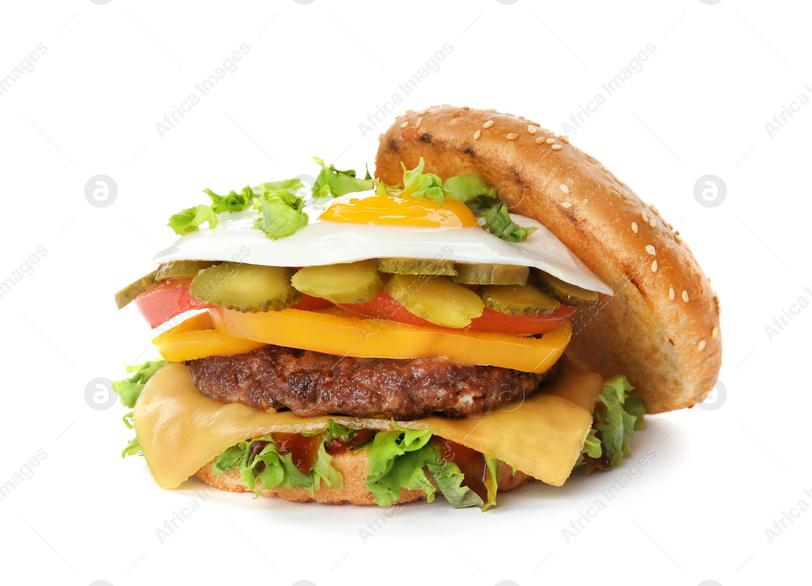 Photo of Tasty burger with fried egg on white background