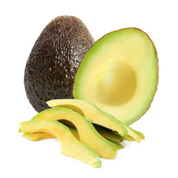 Image of Cut and whole fresh avocados on white background