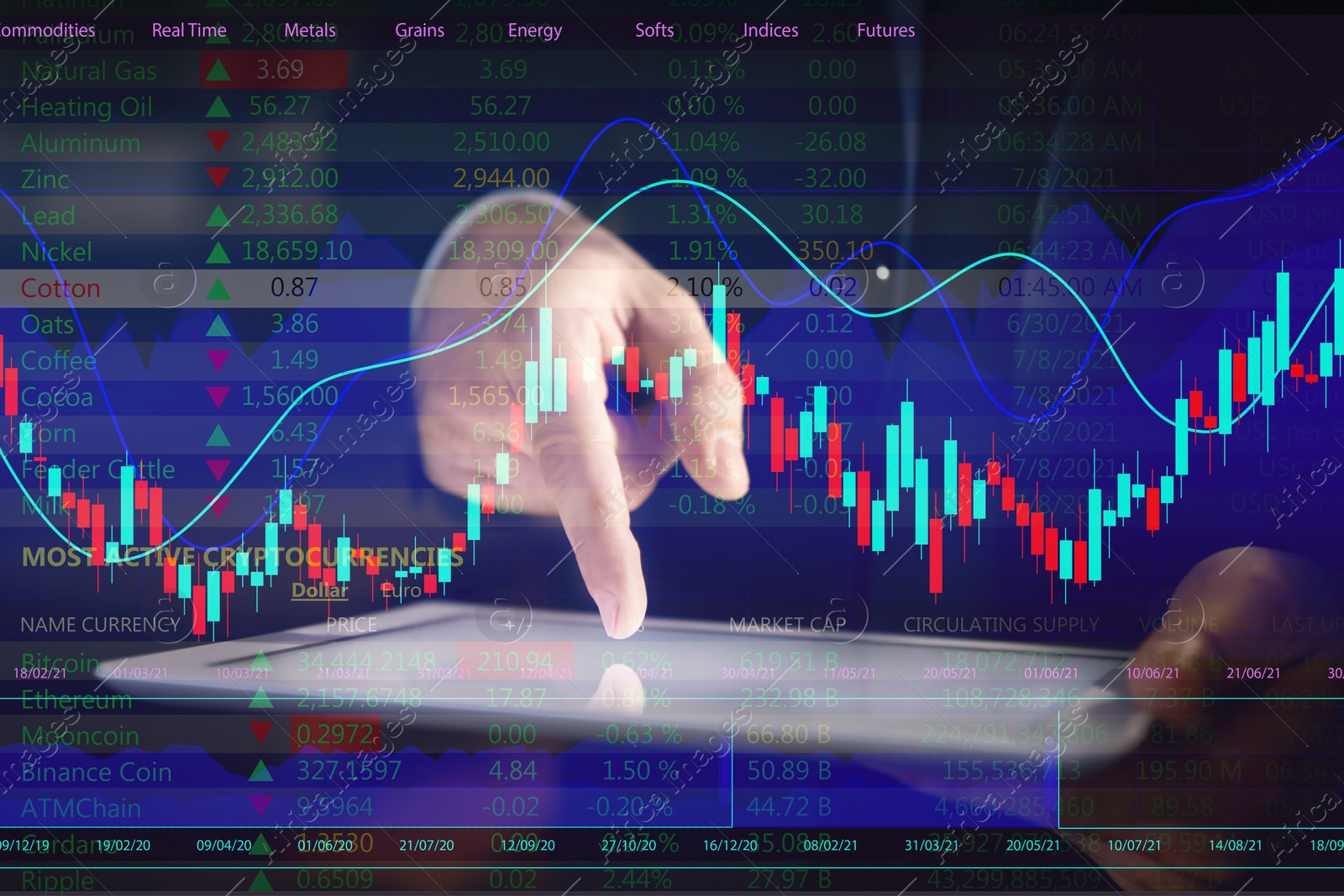 Image of Stock exchange. Man using tablet and illustration of rating graph