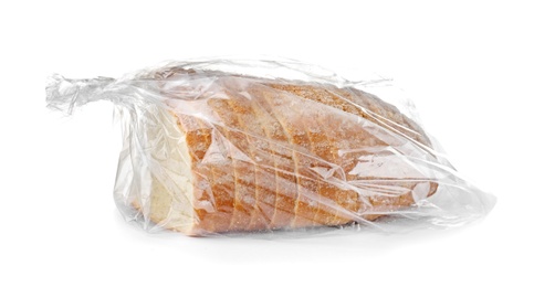 Sliced toast bread in plastic bag on white background