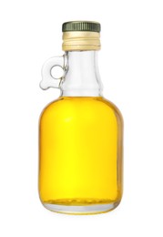 Photo of Glass bottle of cooking oil isolated on white
