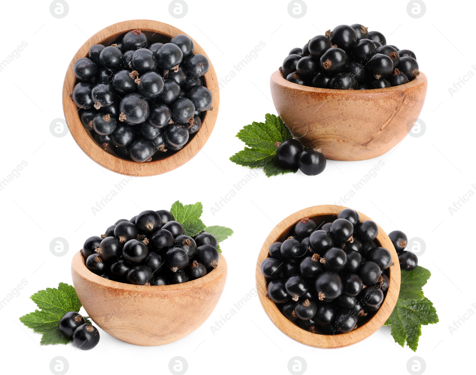 Image of Fresh blackcurrants in wooden bowls on white background, collection