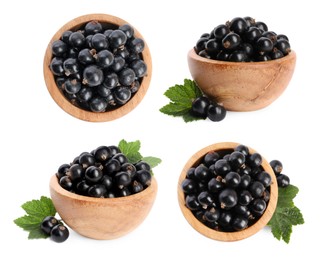 Image of Fresh blackcurrants in wooden bowls on white background, collection