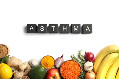 Photo of Natural products and cubes with space for text on white background. Home remedies for asthma
