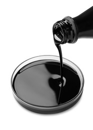 Photo of Pouring black crude oil into Petri dish on white background