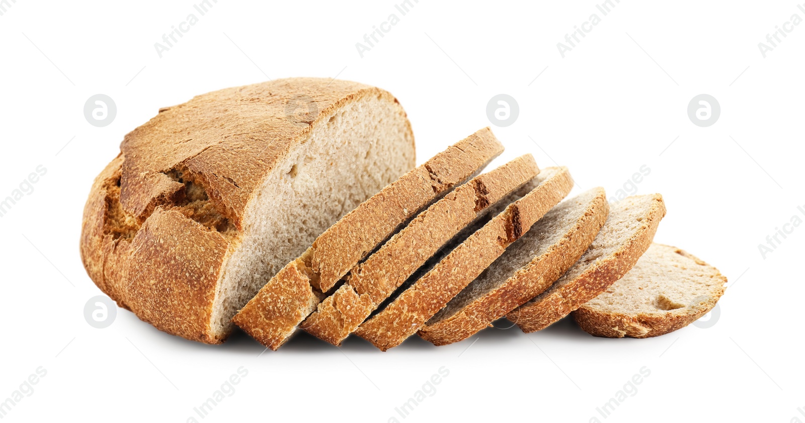 Photo of Freshly baked cut sourdough bread isolated on white