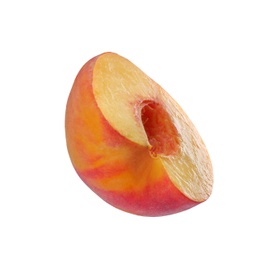 Photo of Half of ripe peach isolated on white