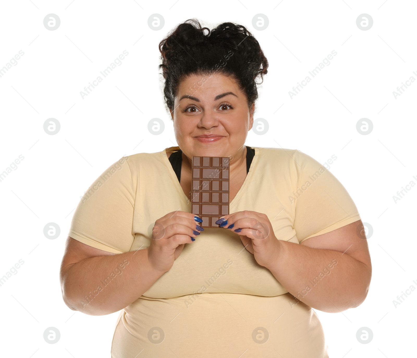 Photo of Happy overweight woman with chocolate on white background