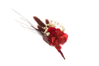 Photo of Beautiful boutonniere with red rose isolated on white