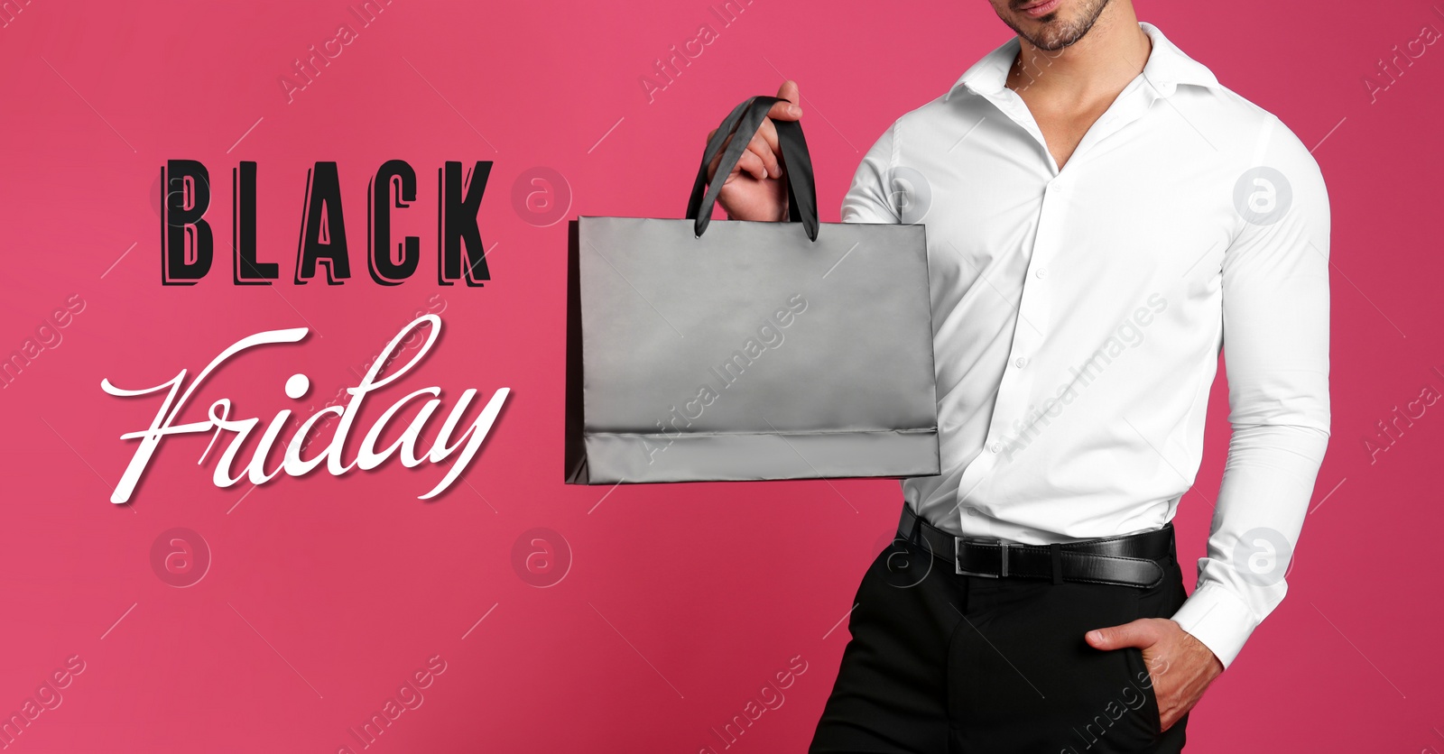 Image of Black Friday Sale. Young man with shopping bag on pink background, banner design 