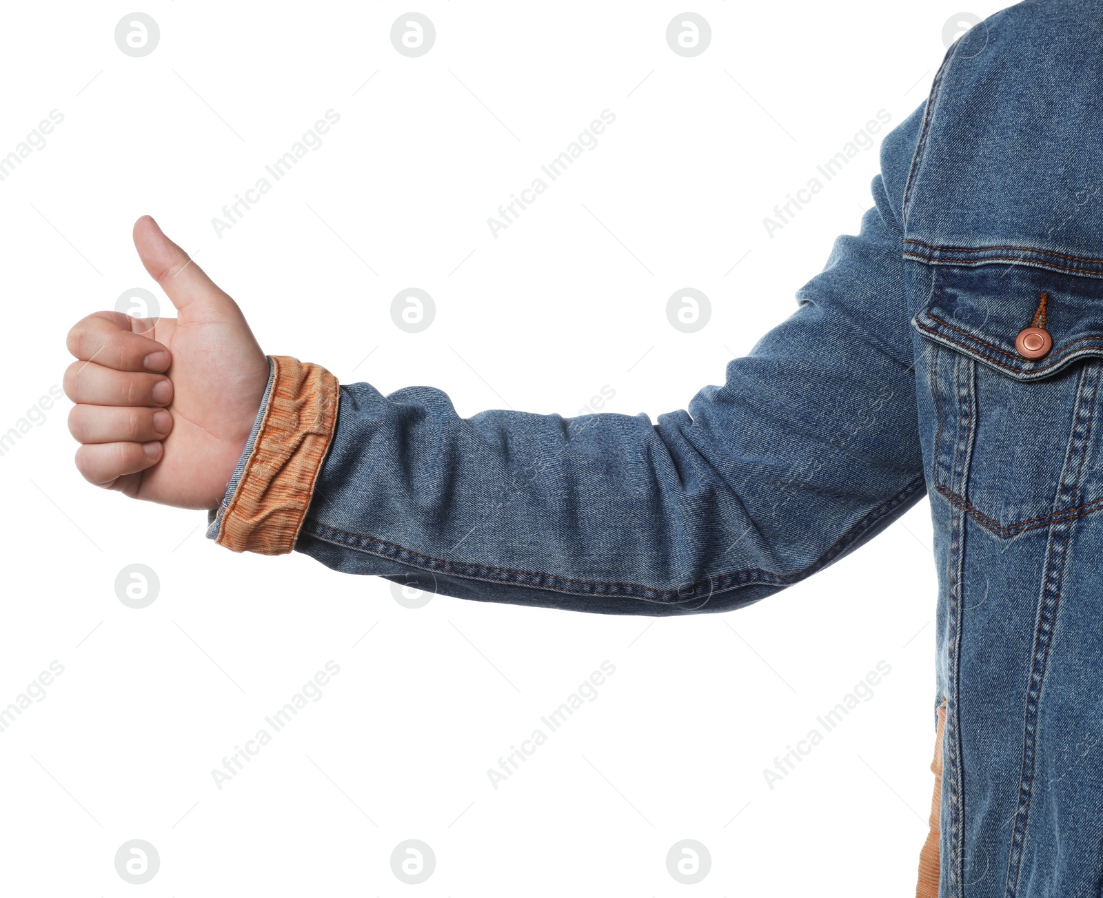 Photo of Man showing thumb up on white background, closeup of hand. Hitchhiking gesture