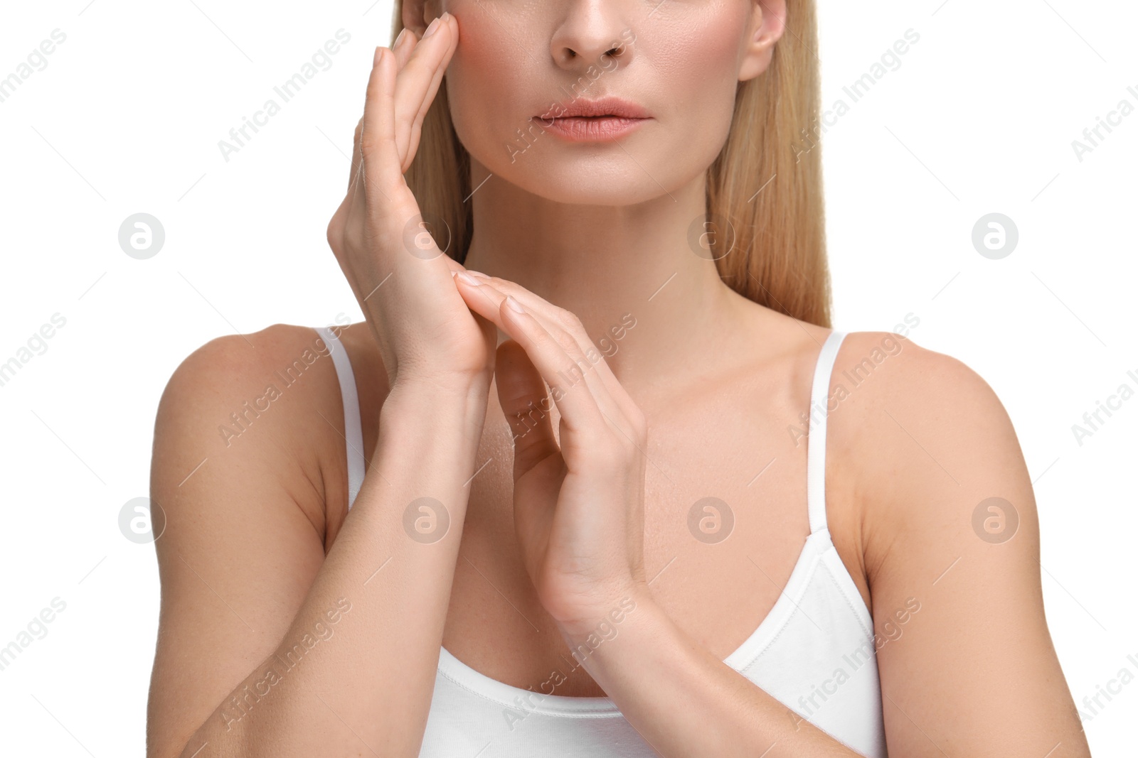 Photo of Beautiful woman with healthy skin on white background, closeup