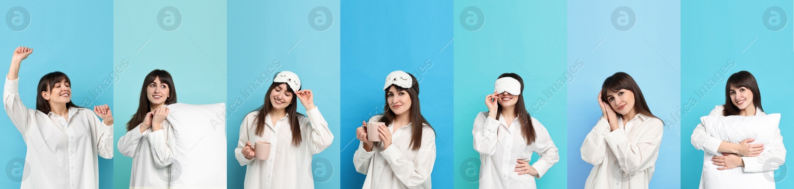 Image of Woman in pajamas on light blue background, collage of photos