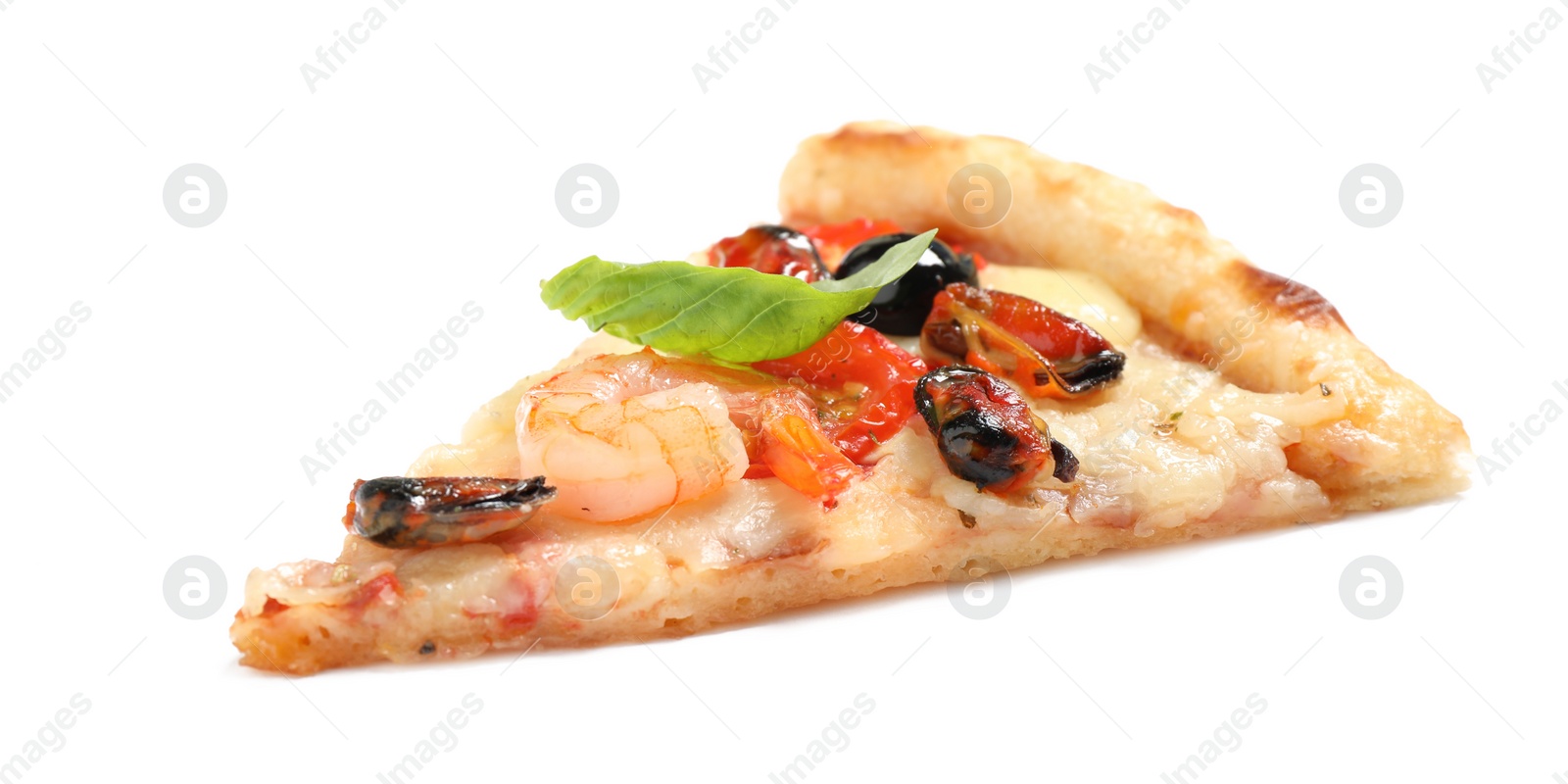 Photo of Slice of tasty pizza with seafood isolated on white