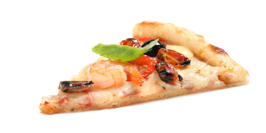 Photo of Slice of tasty pizza with seafood isolated on white