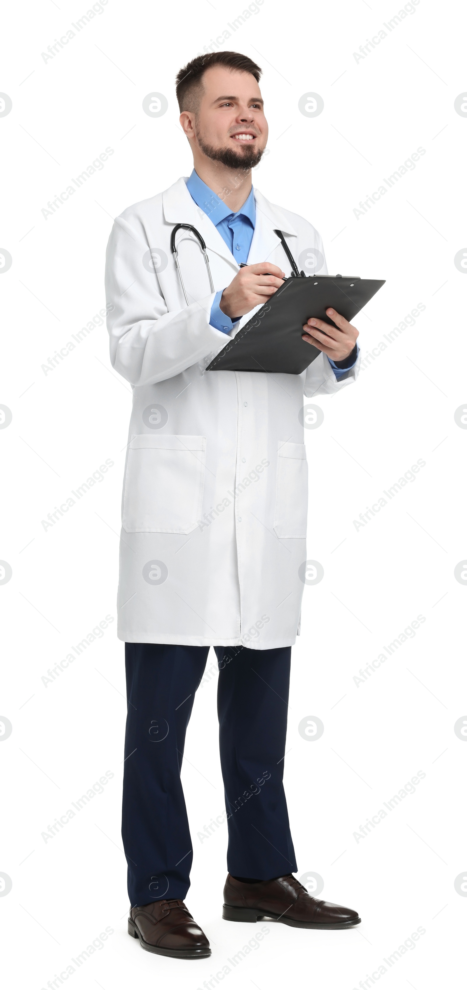 Photo of Doctor in coat with clipboard on white background