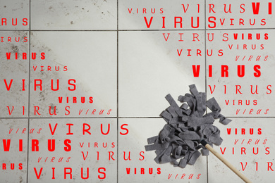 Image of Cleaning vs viruses. Washing floor with mop and disinfecting solution, top view