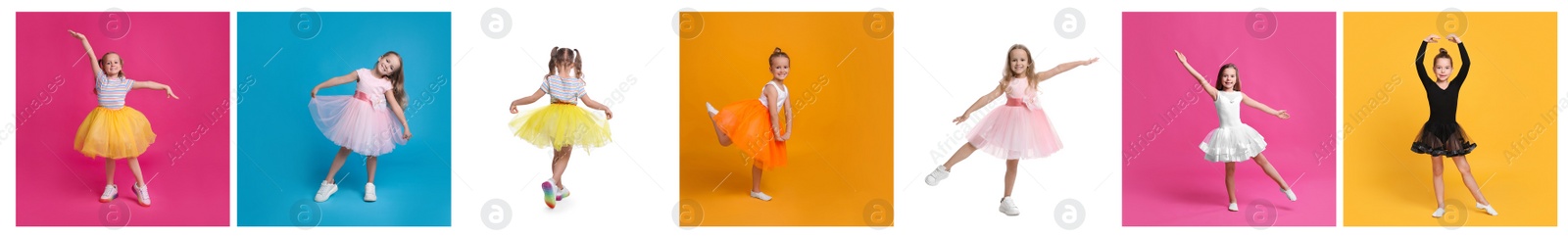 Image of Collage with photos of cute little girls dancing on different color backgrounds. Banner design