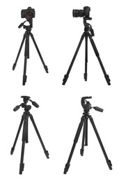 Set of modern tripods with professional cameras on white background 
