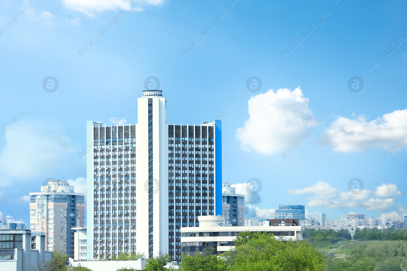 Photo of Beautiful cityscape with modern buildings and railroad