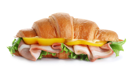 Tasty croissant sandwich with ham isolated on white