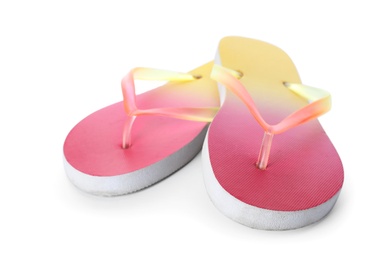 Photo of Bright flip flops on white background. Beach object