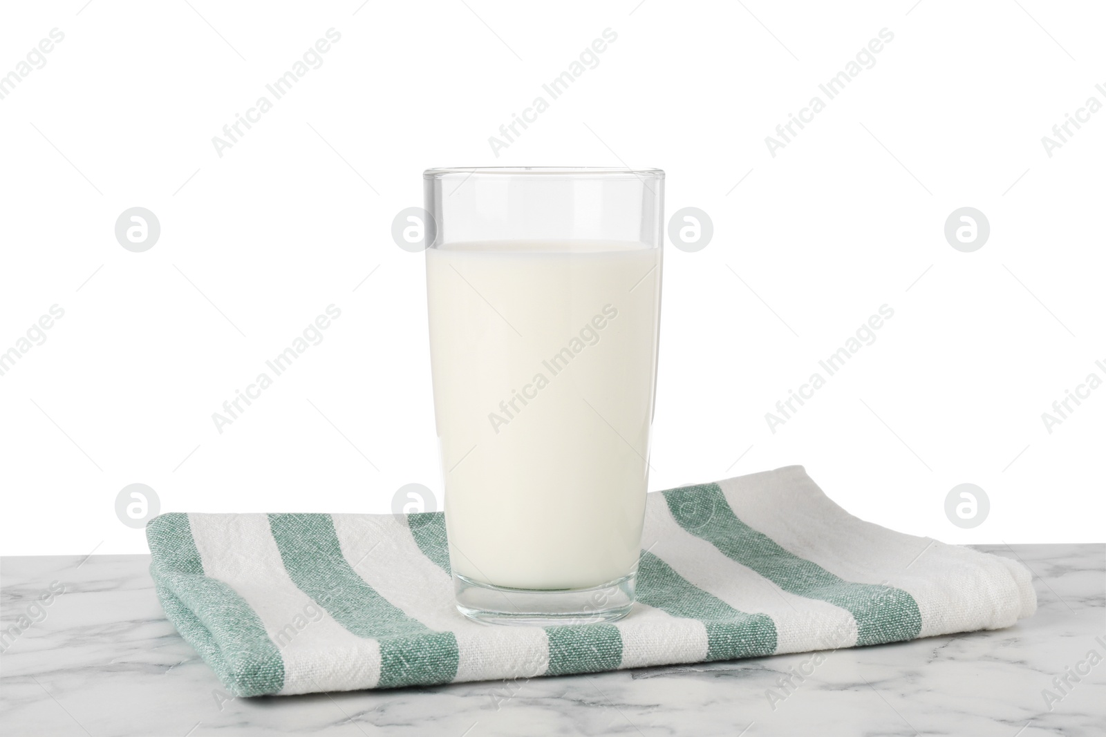 Photo of One glass of tasty milk and kitchen towel on marble table against white background