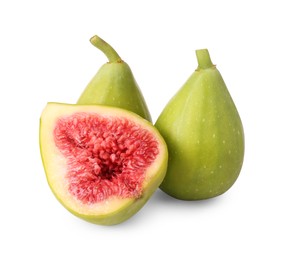 Photo of Cut and whole fresh green figs isolated on white