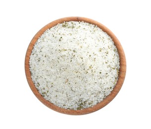 Photo of Natural herb salt in wooden bowl isolated on white, top view