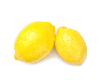Photo of Ripe whole lemons on white background