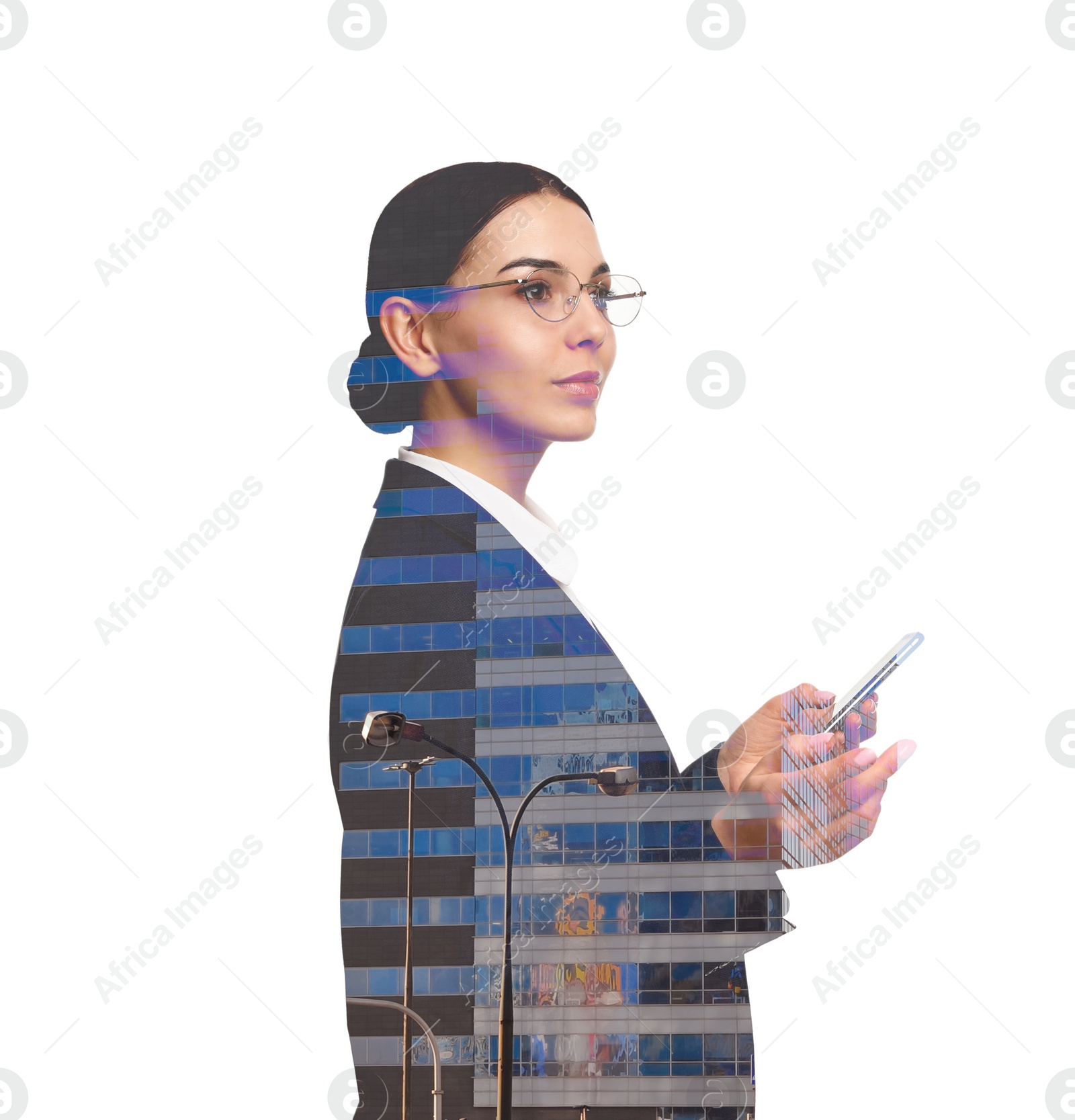 Image of Double exposure of businesswoman with phone and office building
