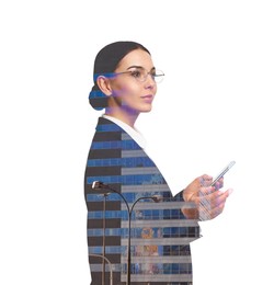 Double exposure of businesswoman with phone and office building