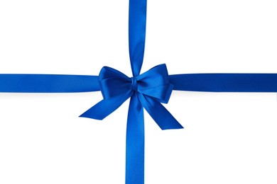 Blue satin ribbon with bow on white background, top view