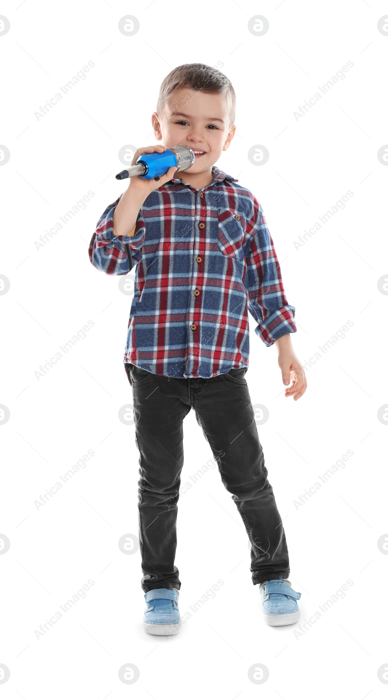 Photo of Cute funny boy with microphone on white background