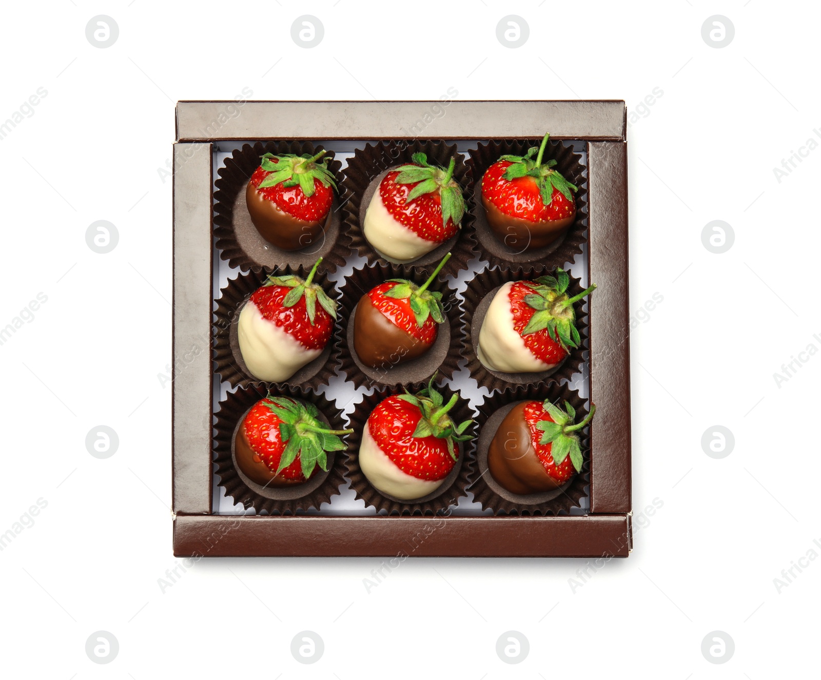 Photo of Box with chocolate covered strawberries on white background, top view