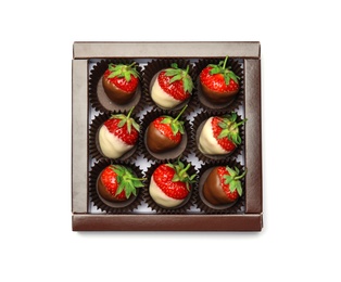 Photo of Box with chocolate covered strawberries on white background, top view