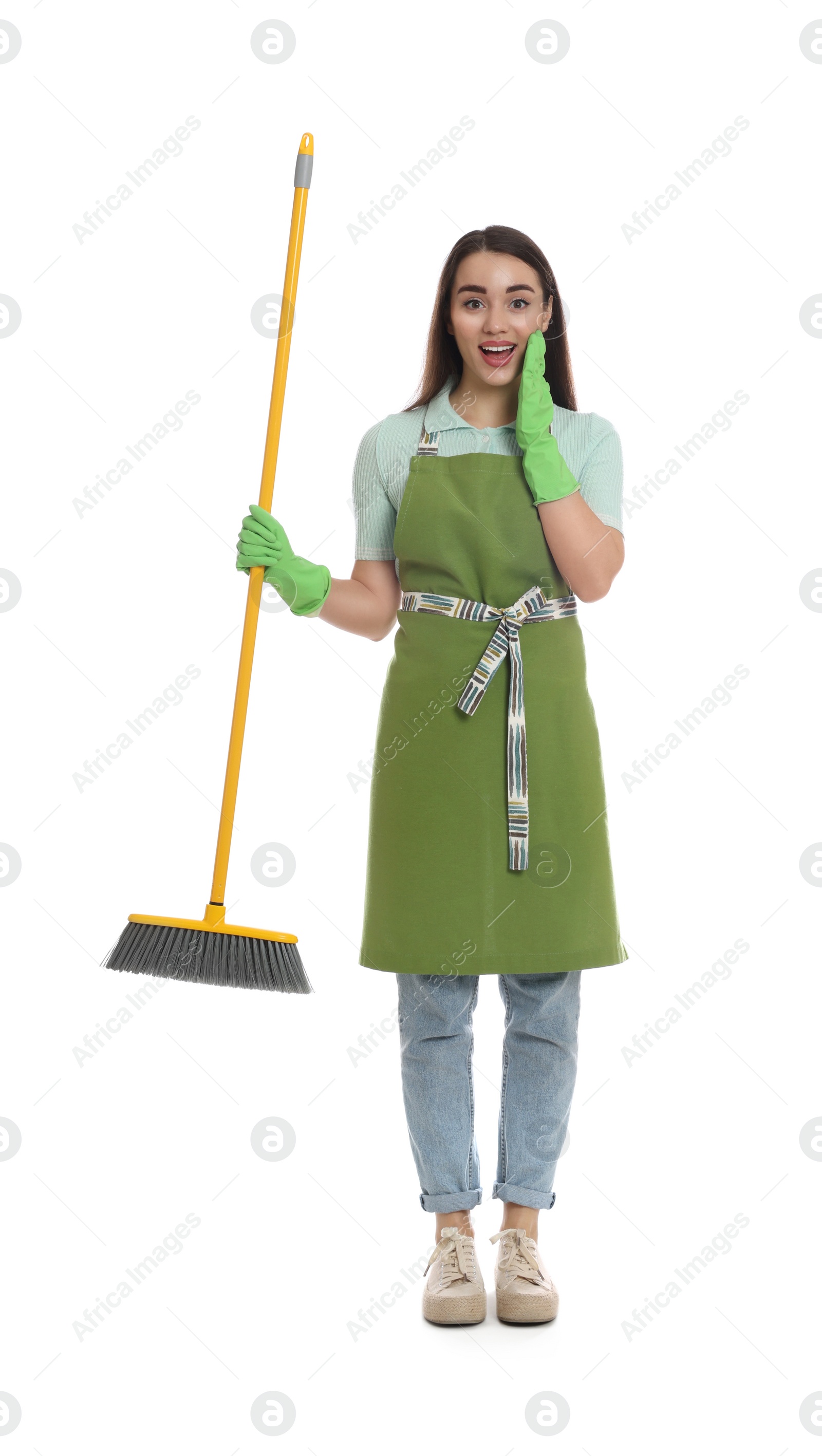 Photo of Beautiful young woman with broom on white background