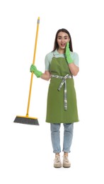 Photo of Beautiful young woman with broom on white background