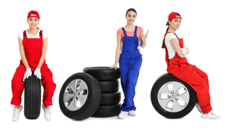 Collage with photos of young mechanic and tires on white background. Auto store 