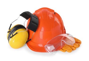 Hard hat, earmuffs, gloves and goggles isolated on white. Safety equipment