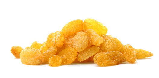 Tasty raisins on white background. Healthy dried fruit